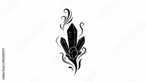 Mystical black crystals with swirling wisps of smoke or energy on a white background.