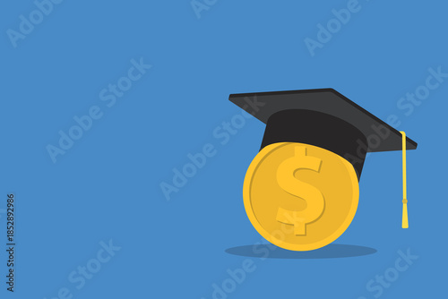 Education finance concept with graduation cap and dollar coin.