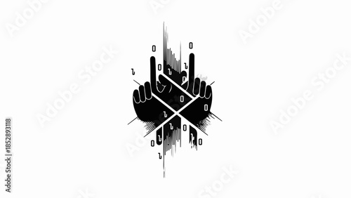 Abstract digital art with hands forming rock on gesture and binary code elements