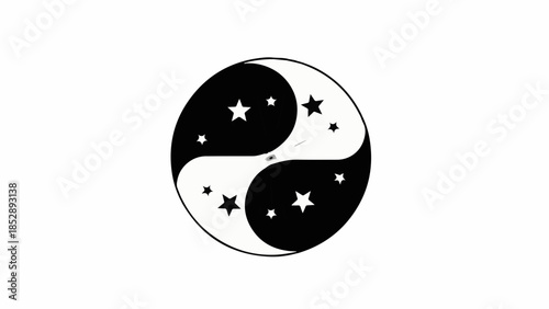 Black and white yin yang symbol with stars representing balance and harmony