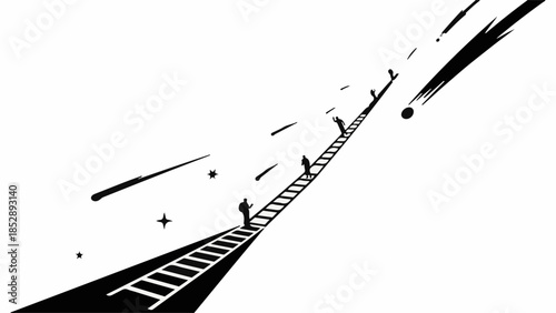 Silhouettes ascend a long ladder towards the stars, symbolizing ambition and the pursuit of dreams.