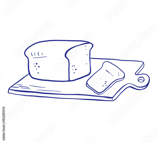 Bread outline drawing, whimsical baked product on board for picnic, doodle line illustration