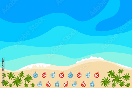 Sun loungers with umbrellas on the beach, a beach with sun loungers on the ocean coast. Vector cartoon illustration, poster, postcard.