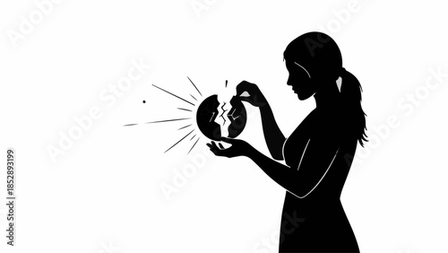 Woman holding a broken globe, symbolizing environmental destruction and global crisis.