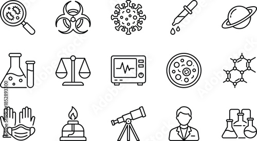 Science laboratory and medical research vector line icon set featuring microscope, virus, chemistry flasks, telescope, biohazard, planets, and laboratory equipment collection