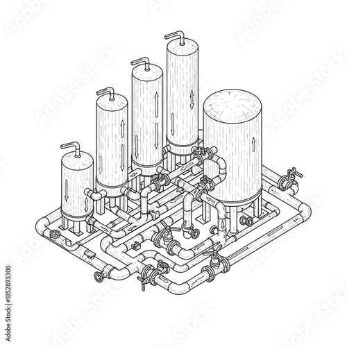 Isometric line art of an industrial water treatment and purification system, featuring tanks, pipes, and valves, for environmental use.