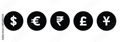 World currency signs and icons vector bundle set. Global currency symbols in circle, modern styles. Money, dollar, and world currency signs and icons vector bundle set featuring global currency symbol