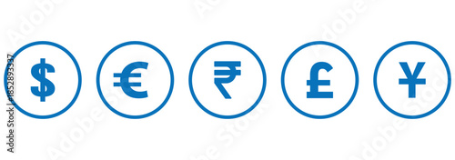 Currency symbols icons set. Vector illustration of coins with international currency symbols. Dollar, Euro, Pound, Rupee, Franc, Ruble, Yen, Won, Lira etc. world currency symbol.