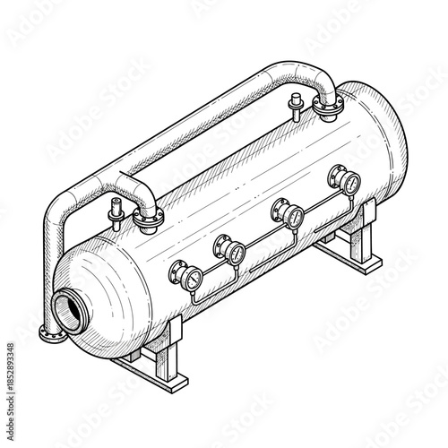 A detailed isometric technical drawing illustrates a robust industrial pressure vessel with connected pipes and flanges, symbolizing complex engineering and manufacturing processes.