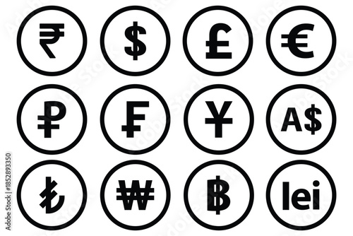 World currency signs and icons vector bundle set. Global currency symbols in circle, modern styles. Money, dollar, and world currency signs and icons vector bundle set featuring global currency symbol