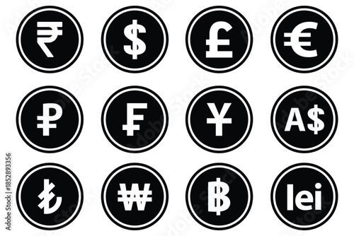 World currency signs and icons vector bundle set. Global currency symbols in circle, modern styles. Money, dollar, and world currency signs and icons vector bundle set featuring global currency symbol