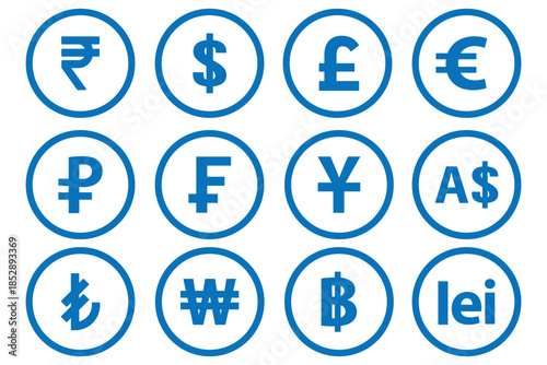 Currency symbols icons set. Vector illustration of coins with international currency symbols. Dollar, Euro, Pound, Rupee, Franc, Ruble, Yen, Won, Lira etc. world currency symbol.