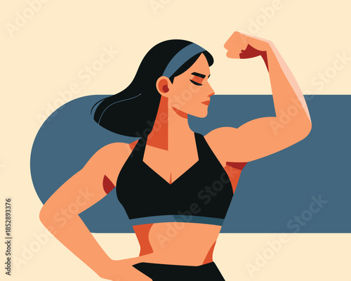 Strong woman flexing her muscles in a confident pose with a blue background