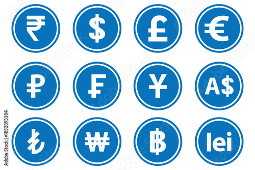 Currency symbols icons set. Vector illustration of coins with international currency symbols. Dollar, Euro, Pound, Rupee, Franc, Ruble, Yen, Won, Lira etc. world currency symbol.