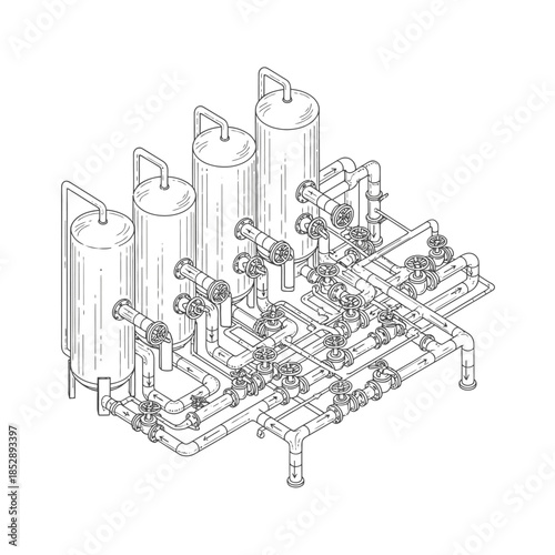 A precise isometric line drawing illustrates an industrial fluid processing system, featuring storage tanks, pipes, and control valves for engineering design.