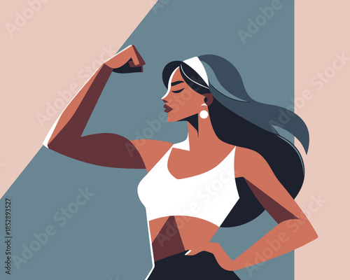 Confident woman flexing her arm muscle in a colorful illustration