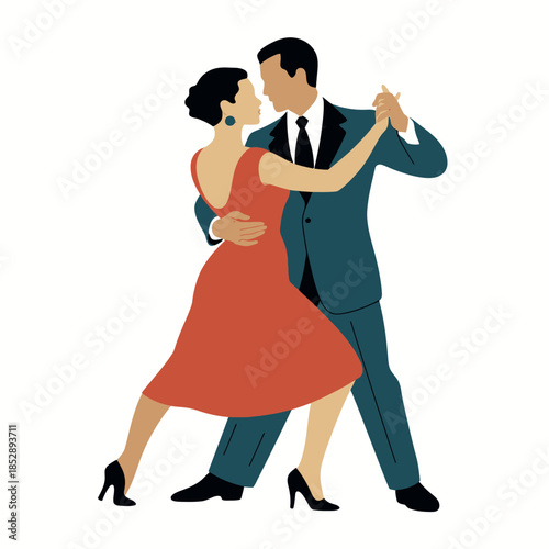 A couple dances the tango with passion and grace in formal attire.