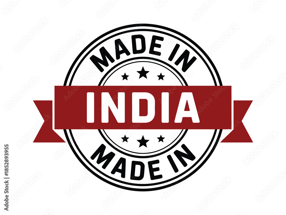 Fototapeta premium Circular vector stamp with Made in India text and stars on a red ribbon banner isolated on white background for product packaging.