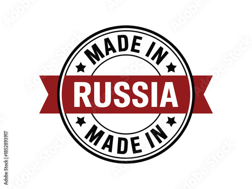 Vector illustration of a circular black and white Made in Russia seal with a red ribbon isolated on a white background for product packaging.