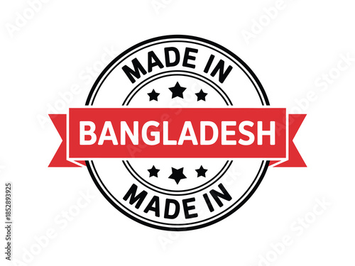 Circular vector stamp with Made in Bangladesh text and stars on a bright red ribbon banner isolated on white background for manufacturing and product packaging.