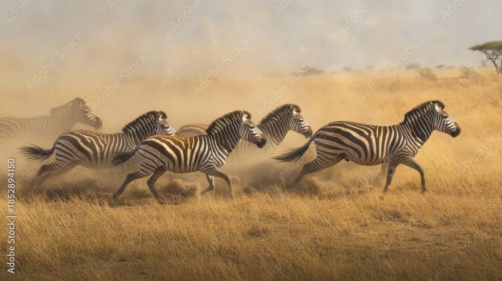 Obraz premium African Zebras galloping through dusty golden savanna grass, creating a powerful wildlife motion scene.