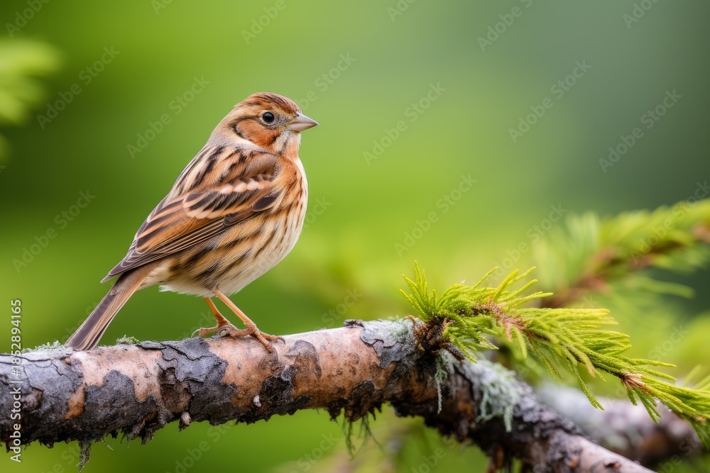 Obraz premium Little bunting bird perched on a branch with vibrant green background, showcasing the beauty of nature