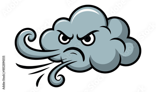 An angry cloud blows wind with a fierce expression