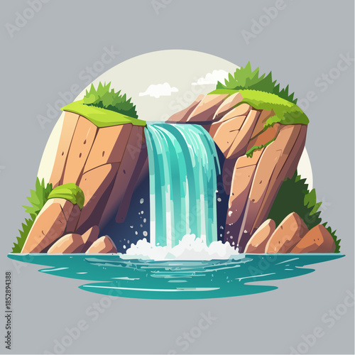 Cartoon illustration of a waterfall cascading over rocks into a pool of water.