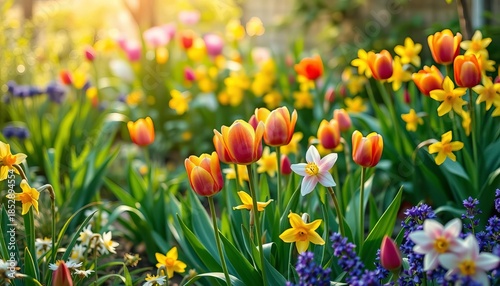 Vibrant spring garden awakens with colorful tulips, daffodils, and lush green foliage bathed in gentle morning light, symbolizing new growth,  detail,  outdoor