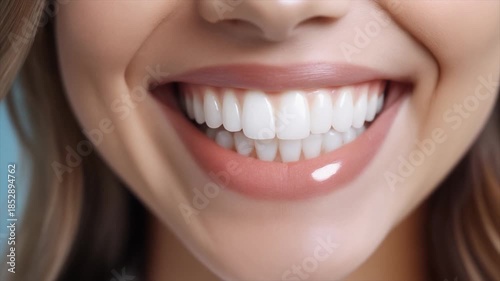 Close up of a woman's bright white smile with glossy pink lipstick and perfect teeth healthy