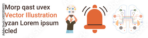 Innovation ideas, communication alerts, AI systems, brainstorming, technology integration, digital connection. Person with light bulb and gears, bell alert AI brain. Innovation ideas
