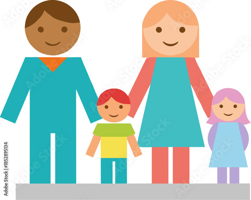 Simple Flat Geometric Happy Family Illustration with Parents and Children Graphic