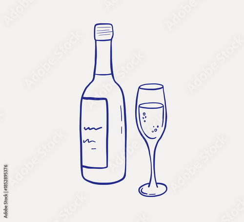 Hand drawn wine bottle and glass outline illustration. Hand draw la dolce vita doodle sketch