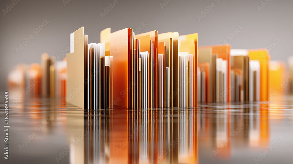 Obraz premium A striking abstract image of paper documents with reflections on a glossy surface, creating a sense of depth and visual interest, and unique patterns.