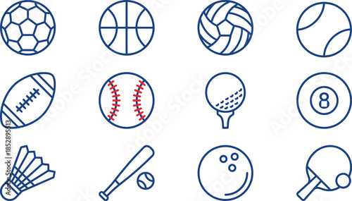 Professional sports equipment vector line icon set featuring football, basketball, baseball, soccer, tennis, golf, bowling, and various athletic game ball collection