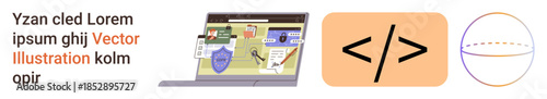 Online security, programming, tech design, web development, data protection, digital systems. Laptop display with shield, coding brackets and circular visualization. Online security and programming