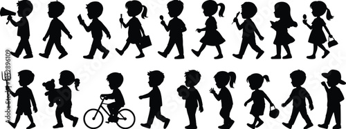 Large set of children silhouettes walking holding objects activities daily life childhood education fun isolated on white background collection