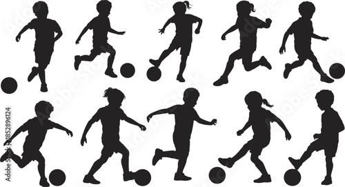 Set of children silhouettes playing soccer football kicking ball action sport childhood energy isolated on white background illustration collection design