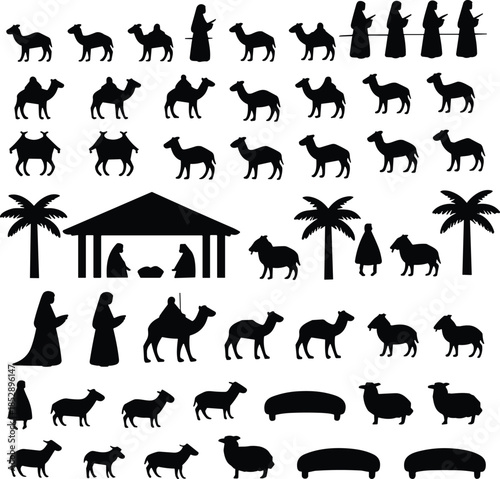 Set of Islamic Eid al Adha silhouettes animals people mosque sacrifice Qurbani tradition festival isolated on white background illustration