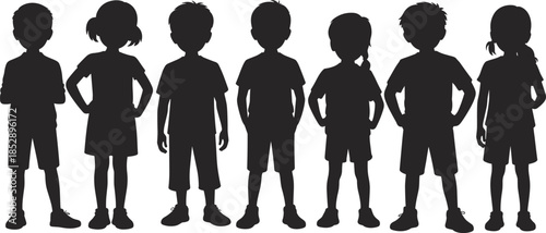 Set of standing children silhouettes boys and girls posing together representing childhood diversity confidence isolated on white background illustration