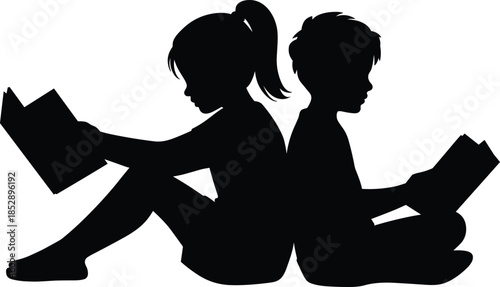 Silhouette of boy and girl reading books together representing education learning childhood literacy isolated on white background minimalist concept design