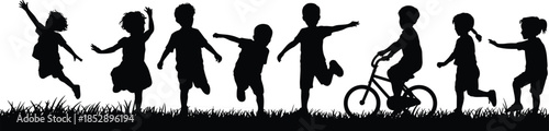 Silhouette of children playing running jumping and cycling together outdoors celebrating childhood freedom joy friendship on white background isolated concept