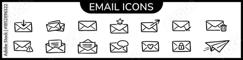 Minimal email icon set with clean line style. Includes inbox, send, reply, delete, spam, favorite, secure and message icons. Perfect for UI, UX, web apps, dashboards and digital interfaces