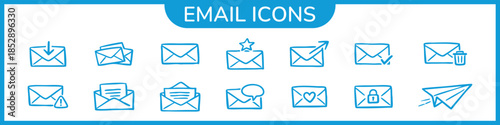Minimal email icon set with clean line style. Includes inbox, send, reply, delete, spam, favorite, secure and message icons. Perfect for UI, UX, web apps, dashboards and digital interfaces