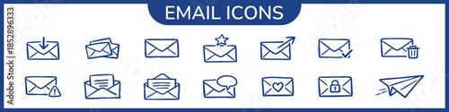 Minimal email icon set with clean line style. Includes inbox, send, reply, delete, spam, favorite, secure and message icons. Perfect for UI, UX, web apps, dashboards and digital interfaces
