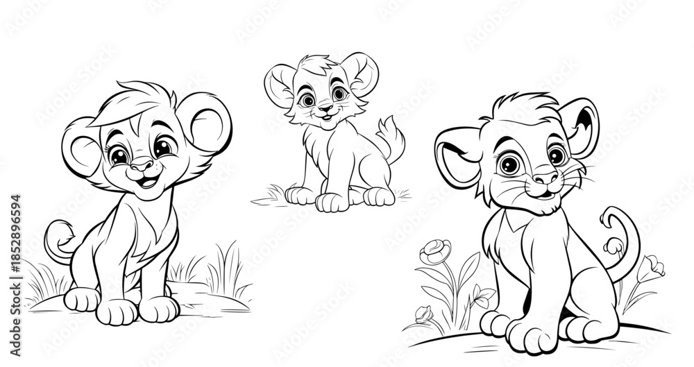 Obraz premium Group of lion cubs line art in various poses for kids coloring book or comic books.