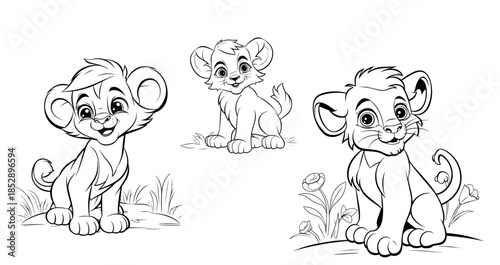 Group of lion cubs line art in various poses for kids coloring book or comic books.