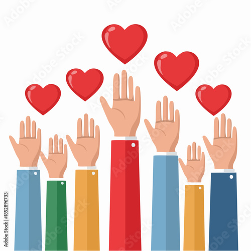 Charity, volunteering and donating concept. Raised up human hands with red hearts.