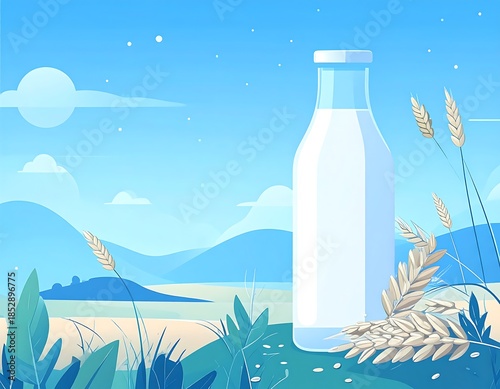 Bottle of milk sits amid wheat in a stylized landscape of fields and mountains under a blue, cloudy sky