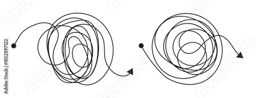 Messy tangle continuous one line drawing of chaos and confusion turning into a clear path and target. Vector illustration. 